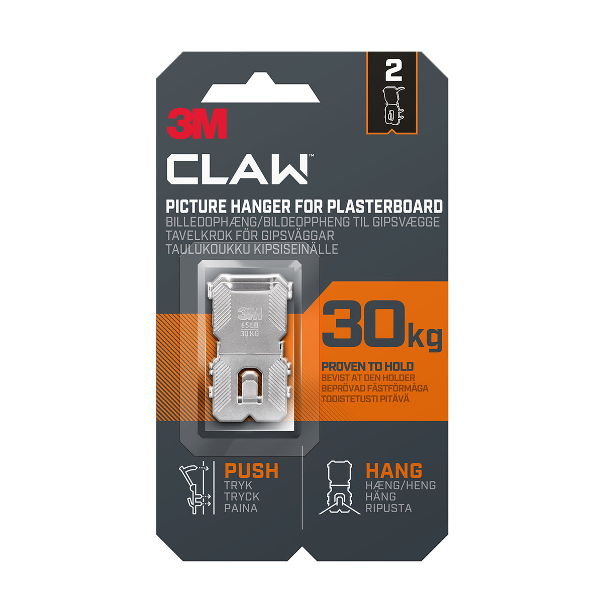 3M Claw Plasterboard Picture Hanging Wall Hooks, Holds up to 30 kg - 2 Pack