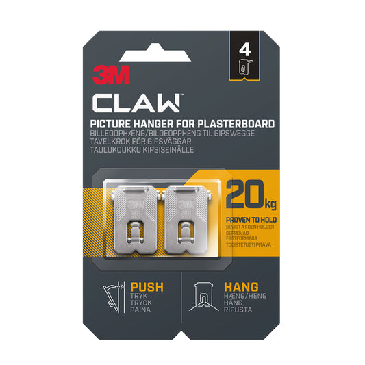 3M Claw Plasterboard Picture Hanging Wall Hooks, Holds up to 20 kg - 4 Pack
