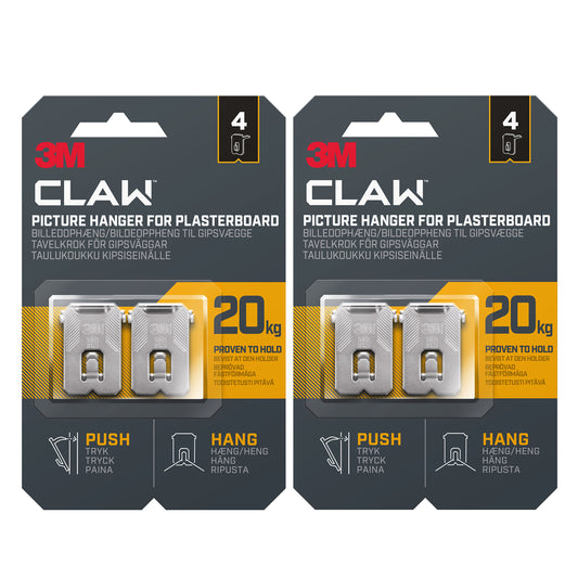 3M Claw Plasterboard Picture Hanging Wall Hooks, Holds up to 20 kg - 8 Pack