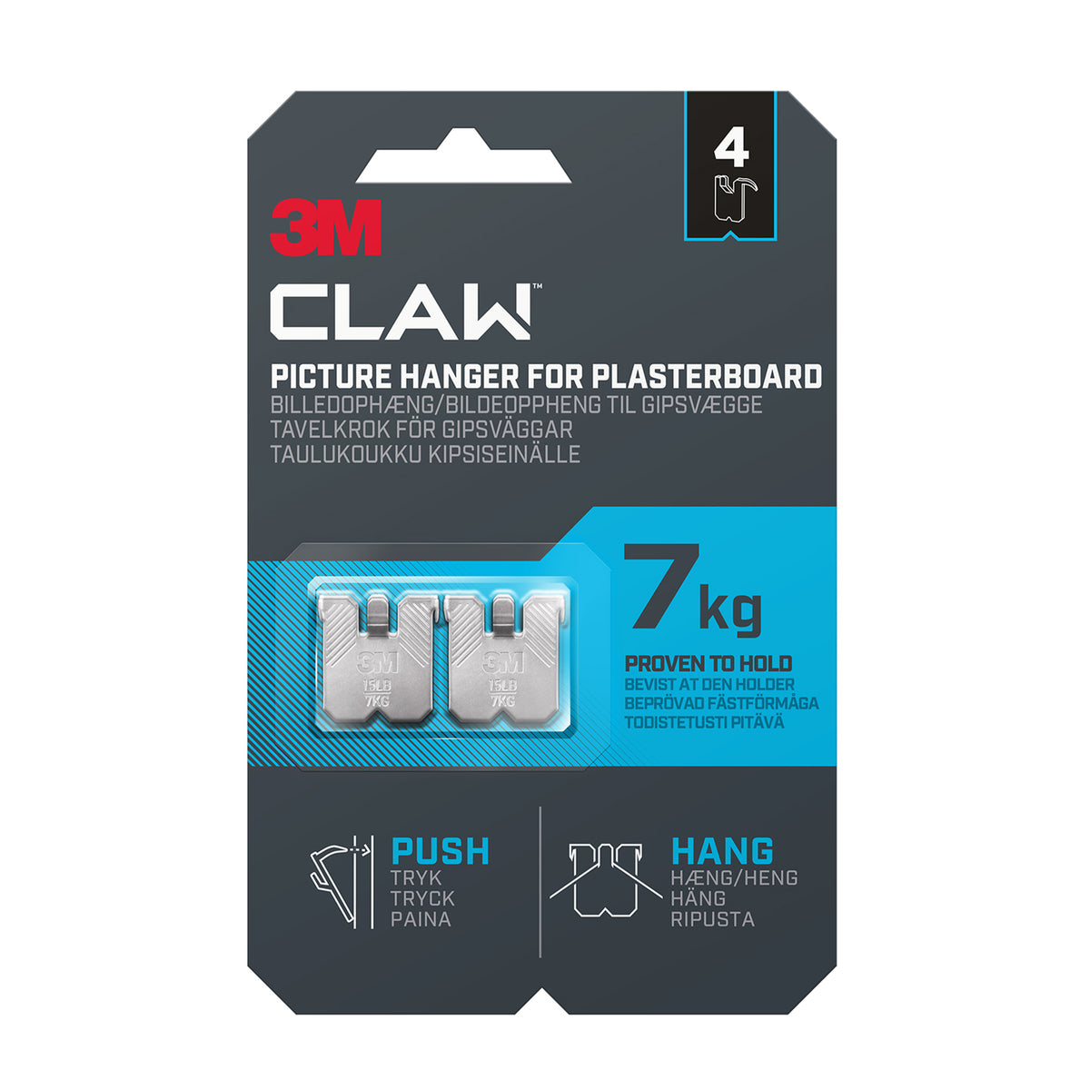3M Claw Plasterboard Picture Hanging Wall Hooks, Holds up to 7 kg - 4 Pack