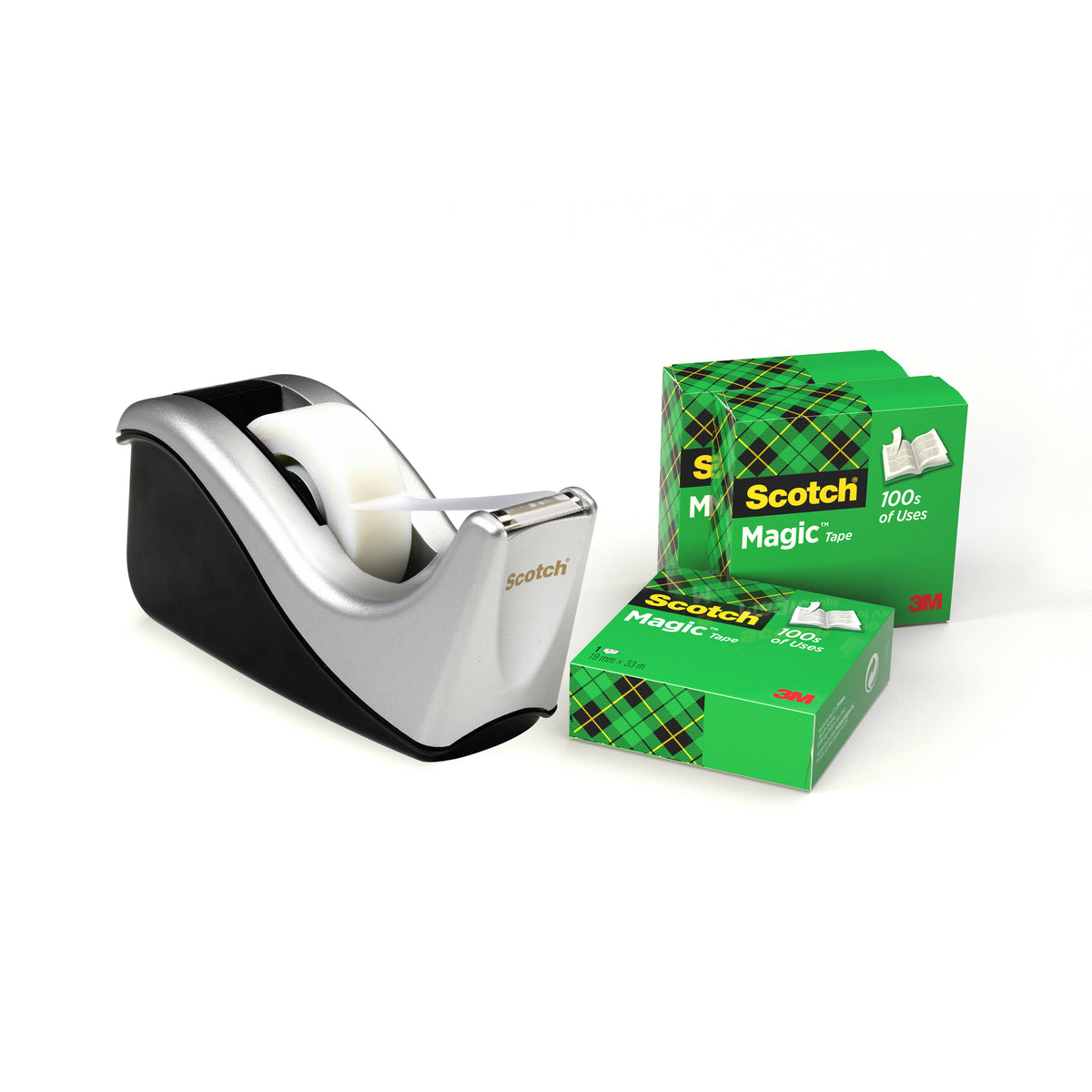 Scotch Desktop Tape Dispenser C60, Silver + Scotch MagicTape, 19 mm x 33 m, 4 Rolls