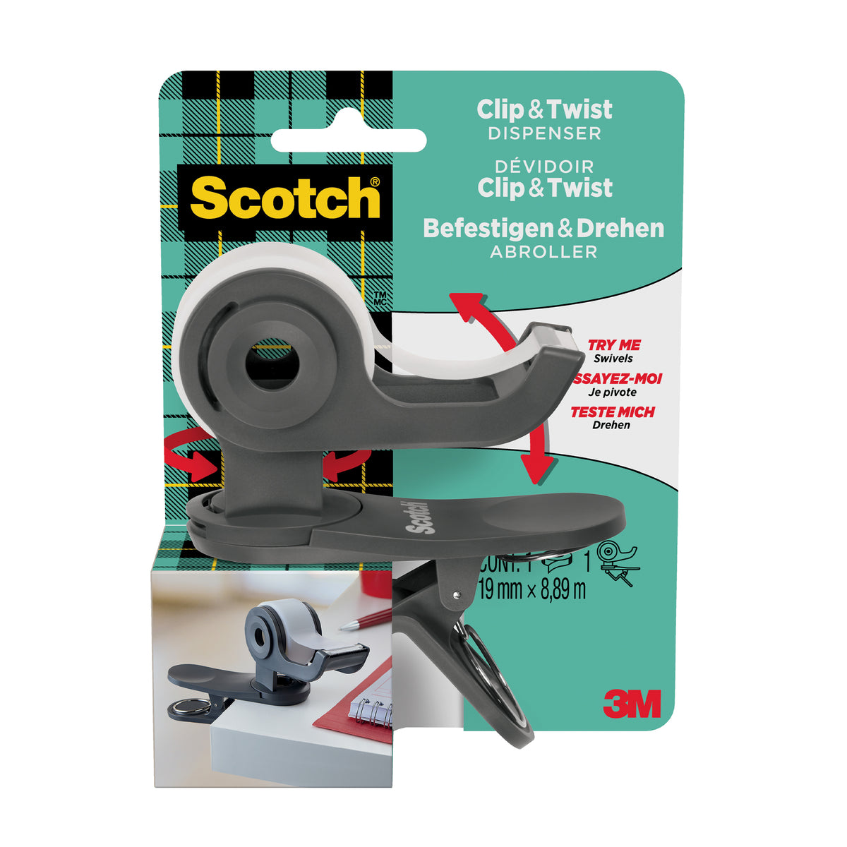 Scotch Clip&Twist Dispenser C19, Grey + Magic Tape, 1 Roll, 19 mm x 8.89 m