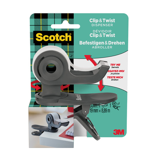 Scotch Clip&Twist Dispenser C19, Grey + Magic Tape, 1 Roll, 19 mm x 8.89 m