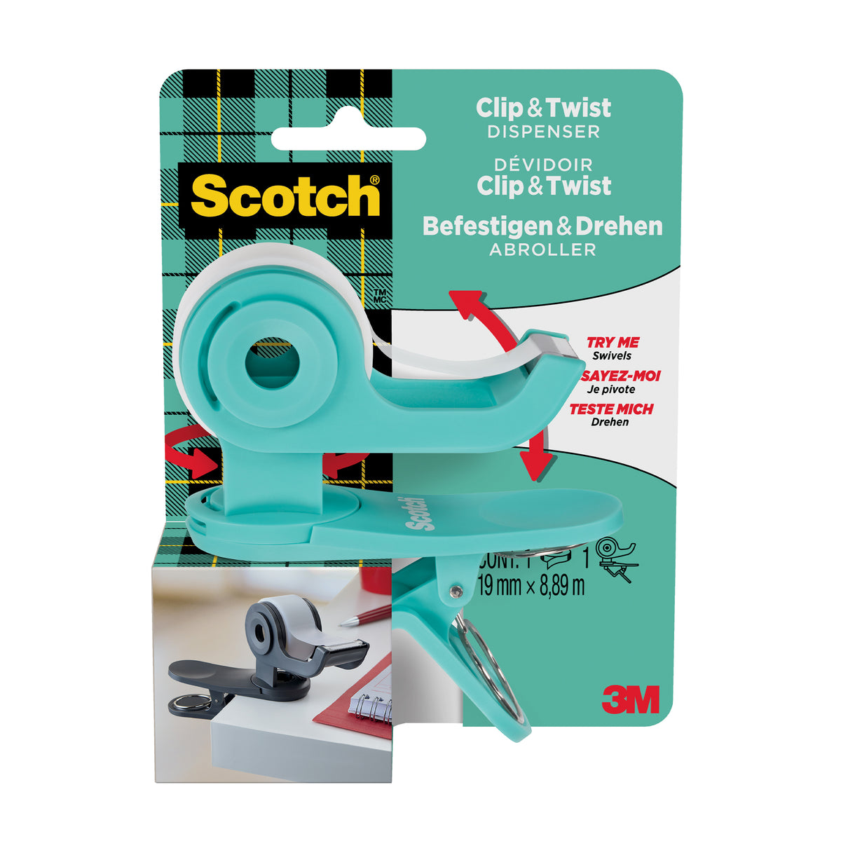 Scotch Clip&Twist Dispenser C19, Teal + Magic Tape, 1 Roll, 19 mm x 8.89 m