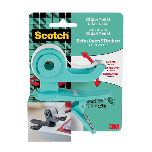 Scotch Clip&Twist Dispenser C19, Teal + Magic Tape, 1 Roll, 19 mm x 8.89 m