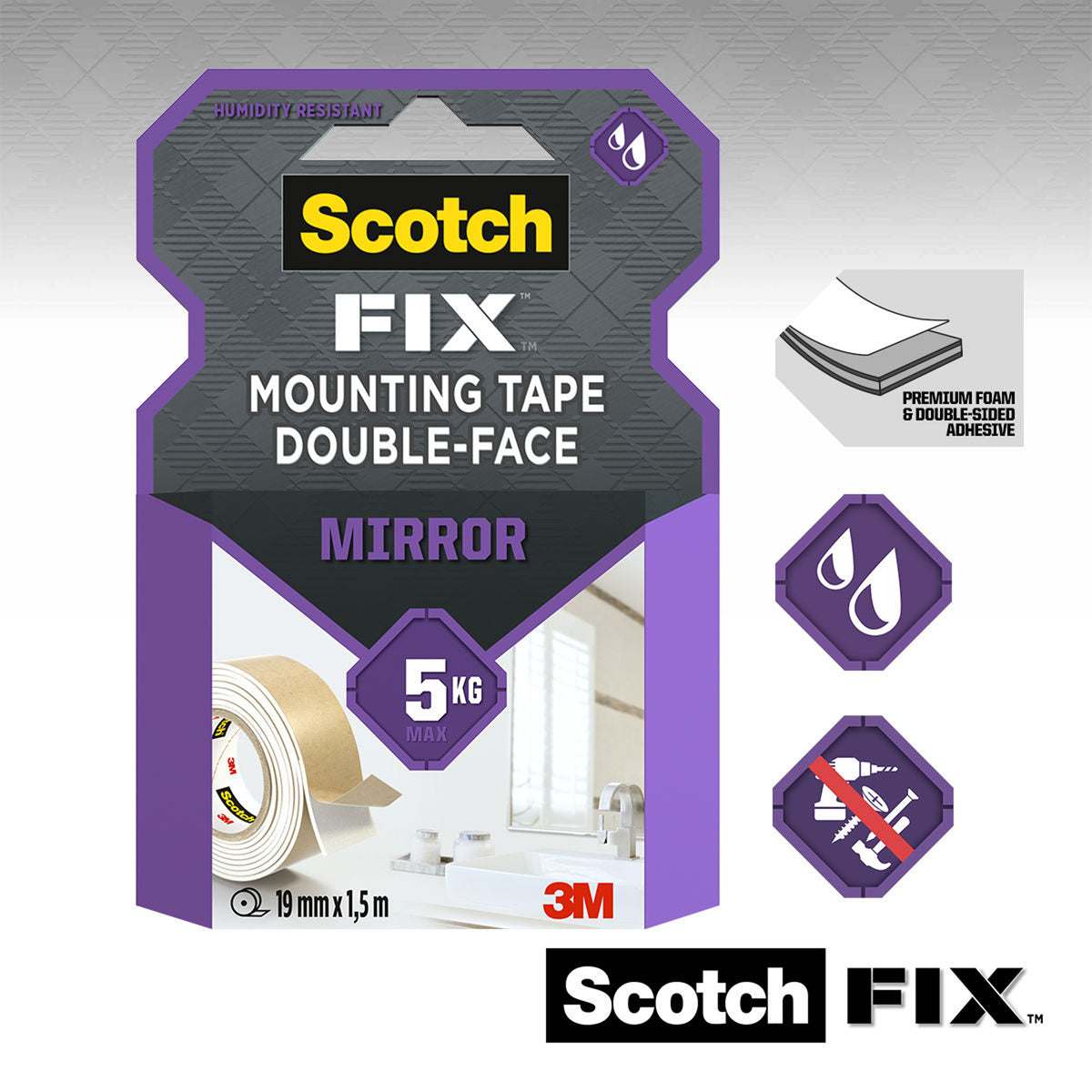 Scotch-Fix Mirror Mounting Tape, 19mm x 1.5M